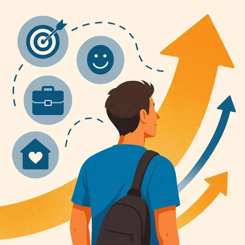 Illustration of a person facing upward arrows symbolizing personal and career growth, with icons for home, career, goals, and happiness—representing positive life change management.