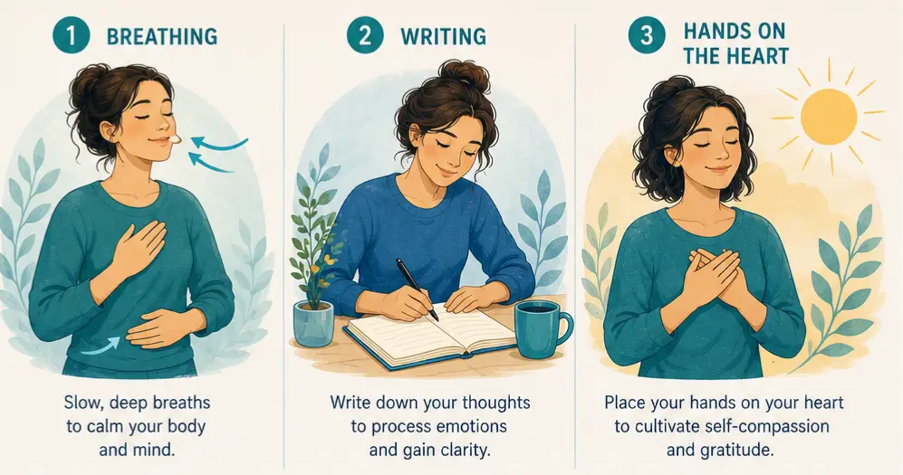 Three stress-relief techniques from life coaching: breathing, writing, and self-compassion